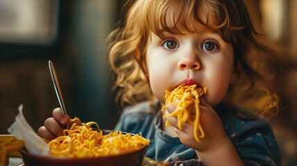 Child eating a bowl of cheesy noodles with delight