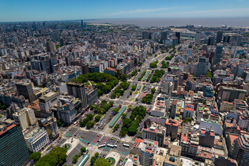 Beautiful aerial view of Plaza de Mayo, the Casa Rosada Presidents house, The Kirchner Cultural Centre, in Puerto Madero. Buenos Aires, Argentina.