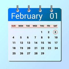 vector page of February month calendar and highlighted date February 3