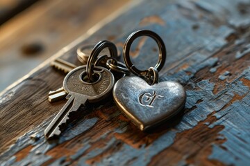 A heart-shaped keychain with engraved initials, a small but personal token of love and the keys to one's heart and happiness. - obrazy, fototapety, plakaty