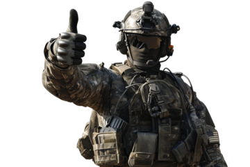A soldier shows approval by raising his finger up, cut out - stock png.