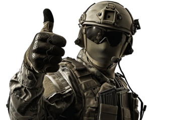 A soldier shows approval by raising his finger up, cut out - stock png.