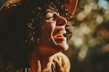 An intimate close-up of a person laughing, the joy infectious and unguarded, a celebration of happiness and the lighter side of life. - obrazy, fototapety, plakaty