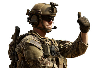A soldier shows approval by raising his finger up, cut out - stock png.
