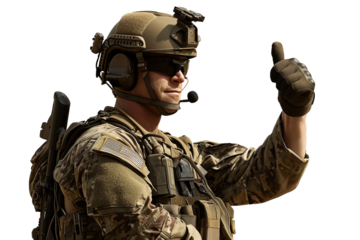 A soldier shows approval by raising his finger up, cut out - stock png.