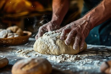 A baker's hands kneading dough with love and precision, the rhythm and pressure a delicate balance between science and art, creating comfort in the form of bread.