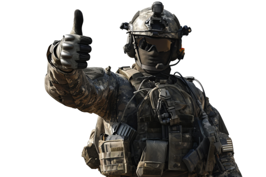 A soldier shows approval by raising his finger up, cut out - stock png.