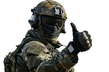 A soldier shows approval by raising his finger up, cut out - stock png. - obrazy, fototapety, plakaty