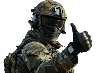 A soldier shows approval by raising his finger up, cut out - stock png.