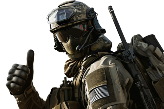 A soldier shows approval by raising his finger up, cut out - stock png.