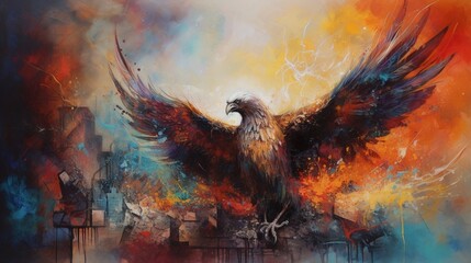 abstract watercolor background with painting, Picture a mythical tableau of a phoenix, embodied as an eagle with wings ablaze in vibrant flames, rising from the ashes against a dark - obrazy, fototapety, plakaty