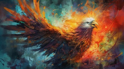 abstract background, Picture a mythical tableau of a phoenix, embodied as an eagle with wings ablaze in vibrant flames, rising from the ashes against a dark