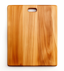This high-quality image showcases an elegant wooden cutting board with a beautiful grain pattern and a handle cutout, isolated on a white background. Perfect for culinary presentations, kitchenware ad