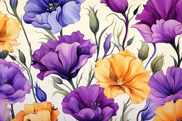 Lisianthus Eustoma Prairie Gentian Flower Pattern Floral Textile Design, Nature Wallpaper, Garden Background, Cottagecore Painting, Greeting Card Art