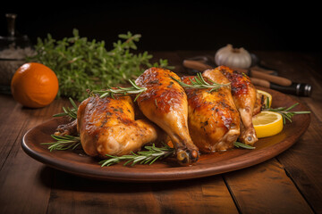 Fototapeta premium A succulent roasted chicken adorned with fresh rosemary sprigs, presented on a wooden platter. The golden-brown skin glistens, highlighting the perfect roast. Accompanied by slices of lemon and an ass