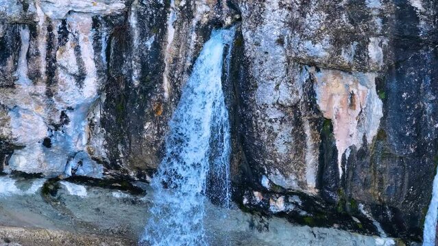 Aerial view from a drone of Yeguamea waterfall. LAS LORAS GEOPARK. UNESCO. Fuenteodra. Municipality of Humada. Burgos province. Castile and Leon. Spain. Europe