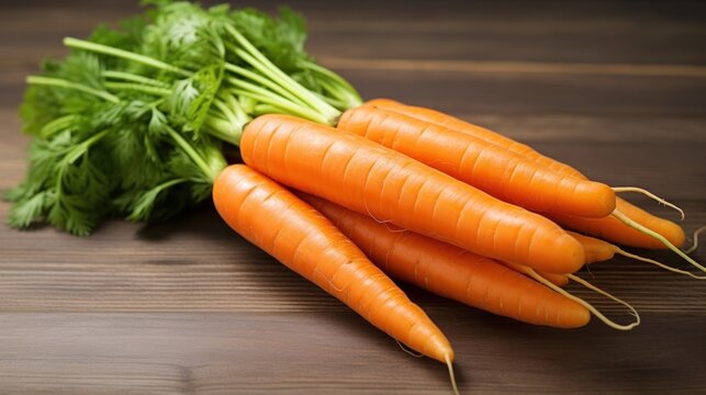 Stack of fresh orange carrots isolated on wooden background. Generate AI image