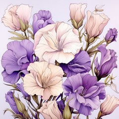 Lisianthus Eustoma Prairie Gentian Flower Pattern Floral Textile Design, Nature Wallpaper, Garden Background, Cottagecore Painting, Greeting Card Art