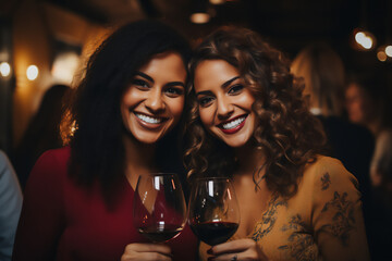 two girlfriends celebrating friendship holiday, two glasses of red wine in a restaurant,
