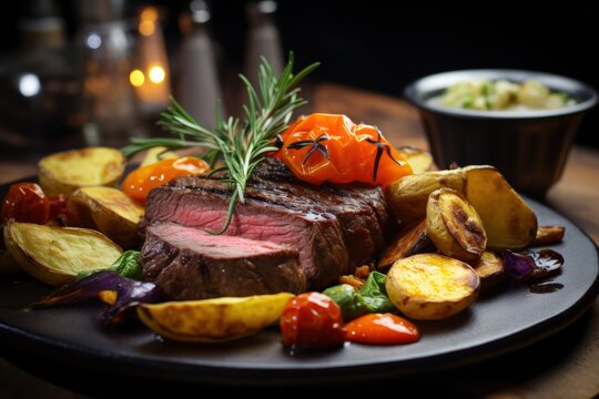 Tasty grilled fillet steak with tomatoes and roast vegetables served on plate. Generate AI image