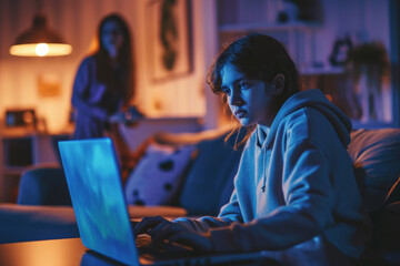 Teenage girl sitting with laptop computer at home and ignoring her frustrated mother. Online video games addiction, learning difficulties, social networks, cyber security,entertainment for teens - obrazy, fototapety, plakaty