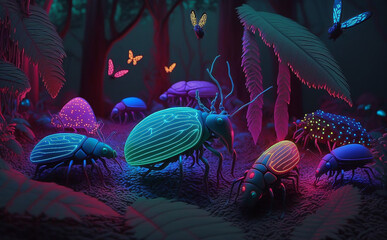 3D neon forest with many colorful bugs
