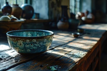 rural old wooden shabby kitchen counter able with a ceramic bowl. 