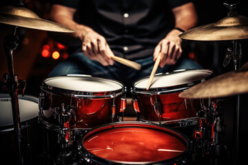 Naklejka premium Close-up of a man playing drums in a club or on stage. Musician
