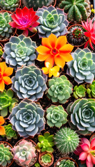Naklejka premium Miniature succulent plants background. Top view succulent cactus, gardening, horticulture theme. Colorful fresh succulents with cacti. Bright colored succulents like bright flowers.