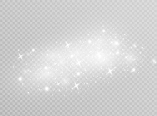 The dust sparks and white stars shine with special light. Vector sparkles on a transparent background. Christmas light effect.
