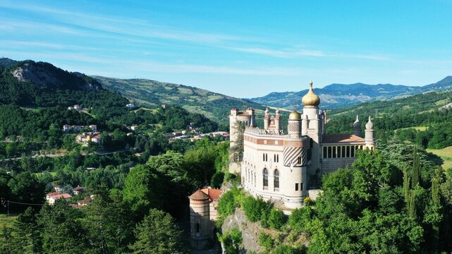 Aerial view of Rocchetta Mattei castle. Grizzana Morandi, Bologna, Emilia Romagna, Italy