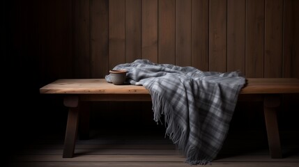 interior of a rural house with wooden bench with a grey woollen blanket.  - obrazy, fototapety, plakaty