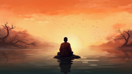 illustration with a peaceful zen meditaion background in orange colors