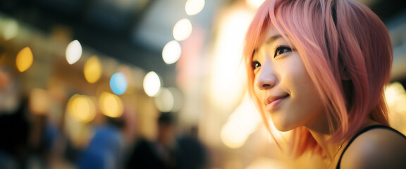 Ritratto di una giovane sorridente ragazza giapponese con capelli tinti di rosa in una città piena di luci di notte