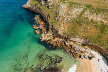Obraz premium Aerial view of Playa de fuentes near San Vicente de la Barquera in North Spain, Europe