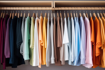 Casual colorful cotton clothes hanging on the rack wardrobe or closet interior decoration. Concept modern fashion life style. Generative AI