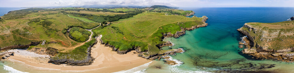 Panorama and aerial view of Playa de fuentes near San Vicente de la Barquera in North Spain, Europe