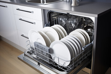 Dishwasher inside beautiful kitchen with white used dishes that prepared to wash. Housekeeping concept. Generative AI