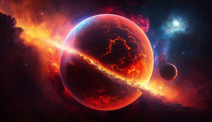 Fantasy colorful of red nebula in space with planets