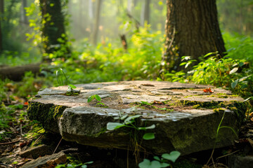 Flat stone podium in the magical forest , empty round stand background.
