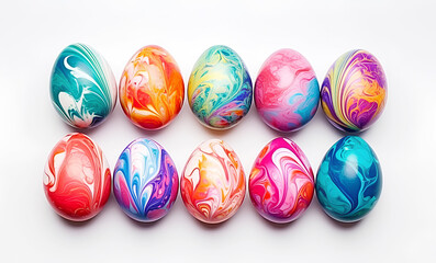 Colored Easter eggs isolated on white background, banner. Easter eggs painted in different colors.