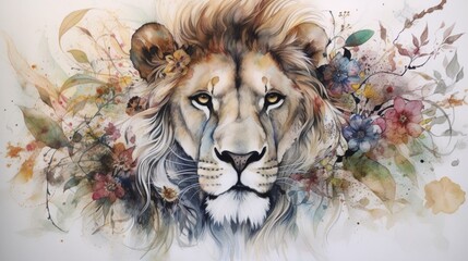 portrait of a lion, Form an elegant tableau of a lion, its mane intertwined with blooming flowers...