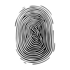 Fingerprint pattern, clear lines and swirls. Human thumbprint. Icon, pictogram, logo. Black and white illustration. Vector isolated on white background. Security concept