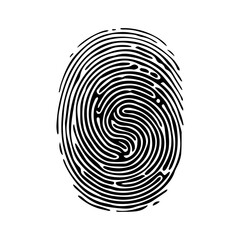 Fingerprint pattern, clear lines and swirls. Human thumbprint. Icon, pictogram, logo. Black and white illustration. Vector isolated on a white background. Security concept