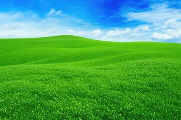 Fototapeta premium A green meadow on a bright sunny morning, green grass and blue sky.