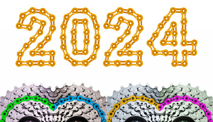colored bicycle chain with MTB cassette with 2024 Happy New Year made by golden bicycle chain links