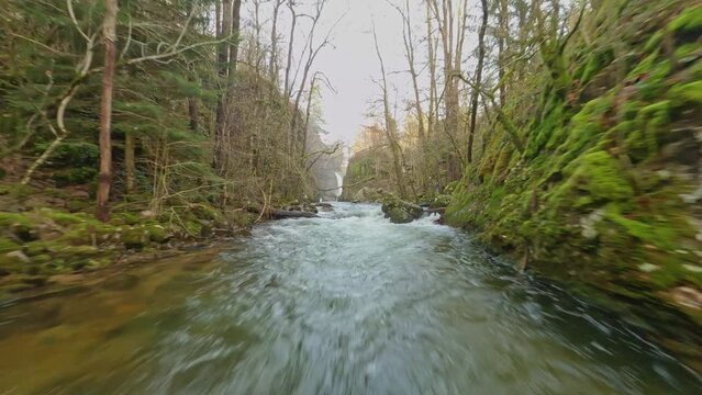 fpv drone flying over ognon river and saut de l'ognon between rocks in forest in servance Vosges