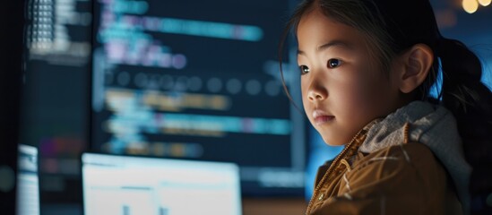 Asian girl actively participating in a coding exercise to develop tech skills.