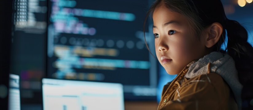 Asian girl actively participating in a coding exercise to develop tech skills.