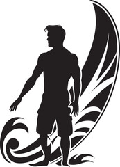Surfing Spirit Guy Riding Waves in Black Logo Coastal Adventure Black Surfing Guy Icon Design